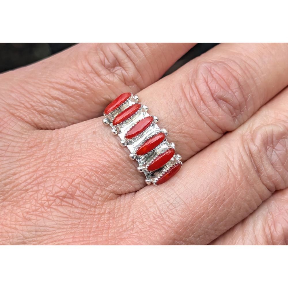 Zuni Coral Ring Genuine Native American Handcrafted Jewelry Southwest Sz 6.75**